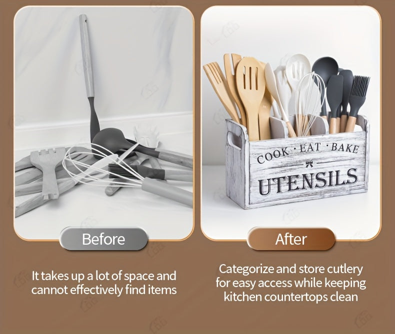 Wooden Kitchen Utensil Holder by LDQ, Rustic Countertop Organizer in Black or White with Two-Compartment Options for Forks, Spoons and Whisks