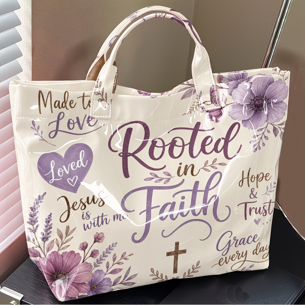 Christian Tote Bag with Floral and Cross Design, Faith-Inspired Glossy Shoulder and Top Handle Handbag for Church, Casual Outings and Everyday Carry