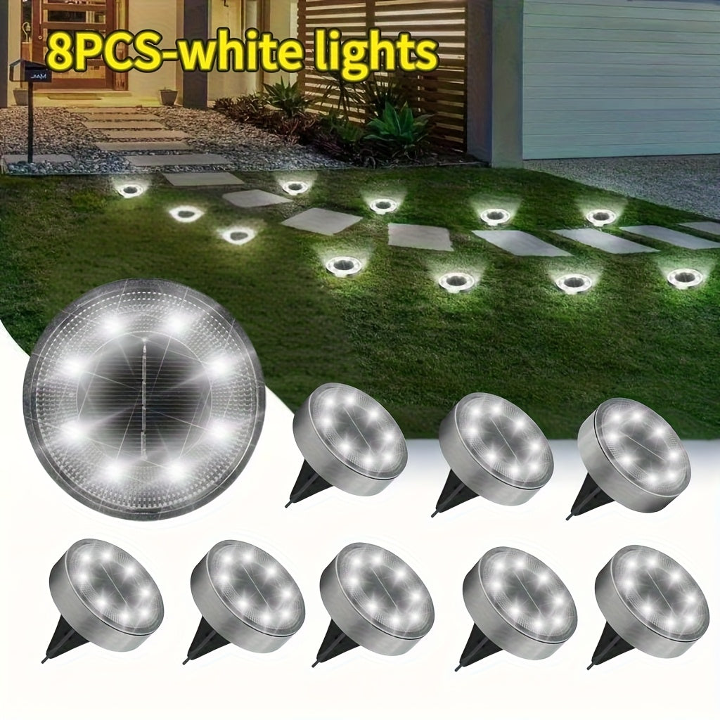 Solar In-Ground Lights in White or Warm Light, 8 or 16-Piece Garden Accent Packs with Listed Eight-LED Design and IP44 Rating for Lawn and Pathway Borders