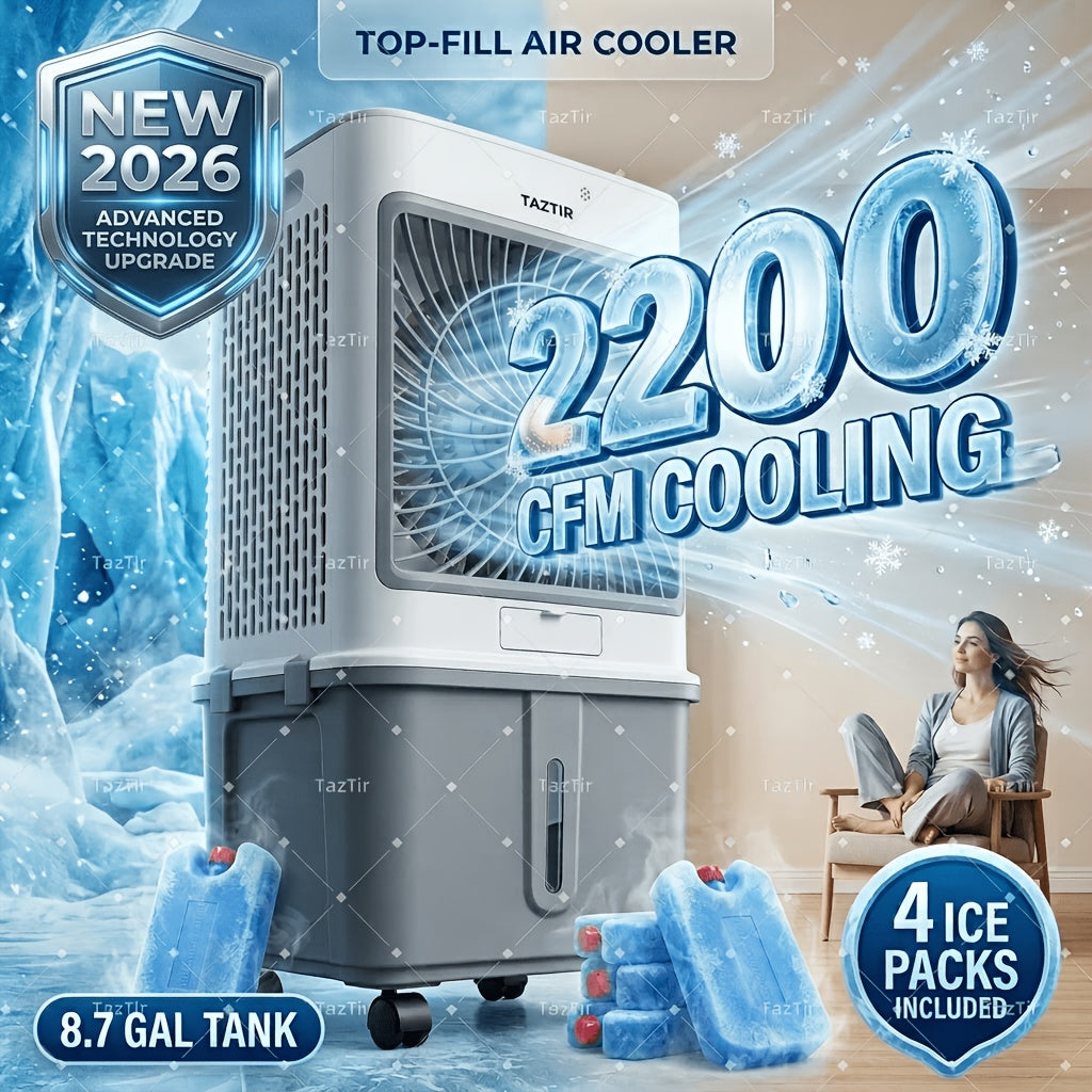 TAZTIR 2200 CFM Evaporative Air Cooler, 8.7 Gal Tank Swamp Cooler with 120° Swing, 3 Speeds, 35dB Quiet Operation and 4 Ice Packs, Portable Cooling Fan for Bedroom, Office, Patio, Garage, Warehouse and Large Spaces
