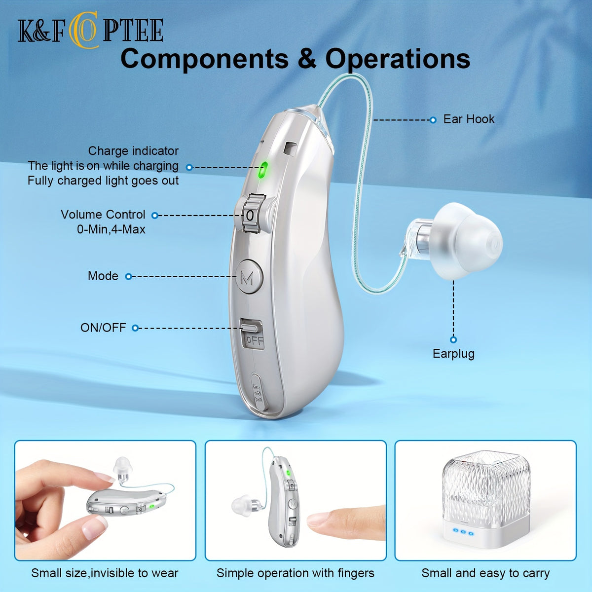 Silver Rechargeable Hearing Aids, Listed One-Pair Behind-the-Ear Devices with Volume Adjustment, Frequency Controls and USB Charging Case for Adult Listening Needs
