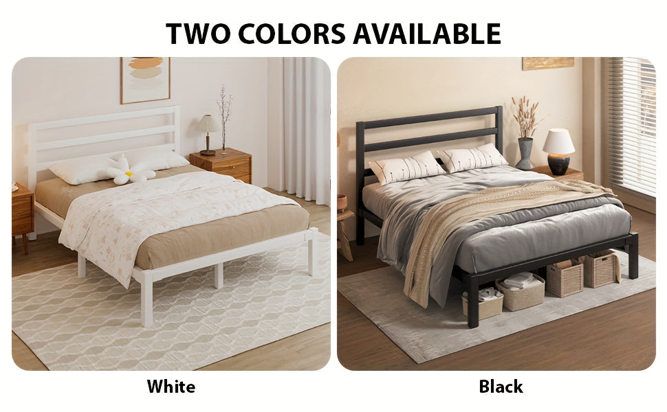 Metal Slat Platform Bed Frame with Slatted Headboard and Under-Bed Storage Space, No Box Spring Needed, Black or White in Twin, Full, Queen and King
