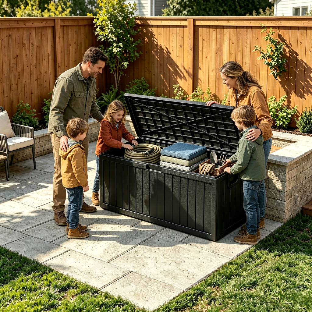 Flip-Top Patio Storage Box, Plastic Deck Organizer with Lockable Lid and Handle/Wheel References, Black 75 or Black 35 Model Options for Outdoor Essentials