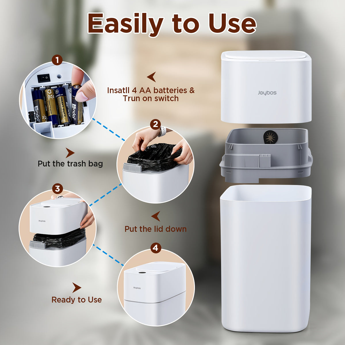 Touchless Smart Trash Can with Big Lid, Listed 14L Capacity, Infrared Motion Sensor and Air-Assisted Bag Fitting, ABS and PP Bin, Four AA Batteries Required