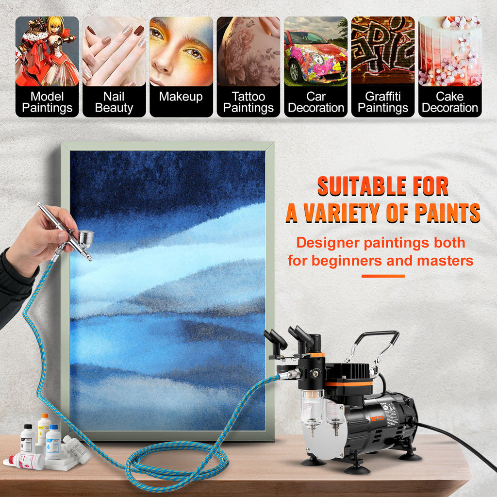 Compressor Airbrush Kit by VEVOR with Listed Dual-Action Gravity Feed Brushes, 0.2, 0.3 and 0.8mm Sizes and 120V 120W Power for Compatible Art and Model Painting