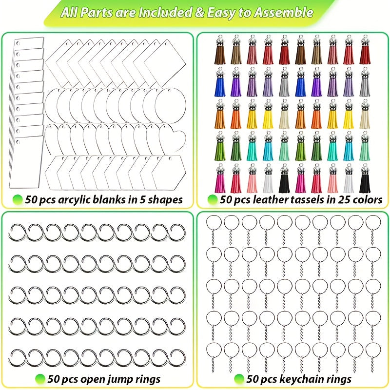 Acrylic Keychain Blanks Kit with Five Clear Shapes, Listed 200 Total Pieces Including Tassel Charms, Key Chains and Jump Rings for Personalized Vinyl Crafts and Gifts