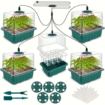 Seed Starting Trays with Grow Light, 5-Set Seedling Kit with Elevated Adjustable Humidity Domes and Clear Cell Trays for Greenhouse Gardening