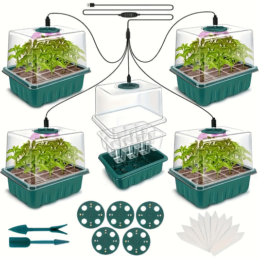 Seed Starting Trays with Grow Light, 5-Set Seedling Kit with Elevated Adjustable Humidity Domes and Clear Cell Trays for Greenhouse Gardening