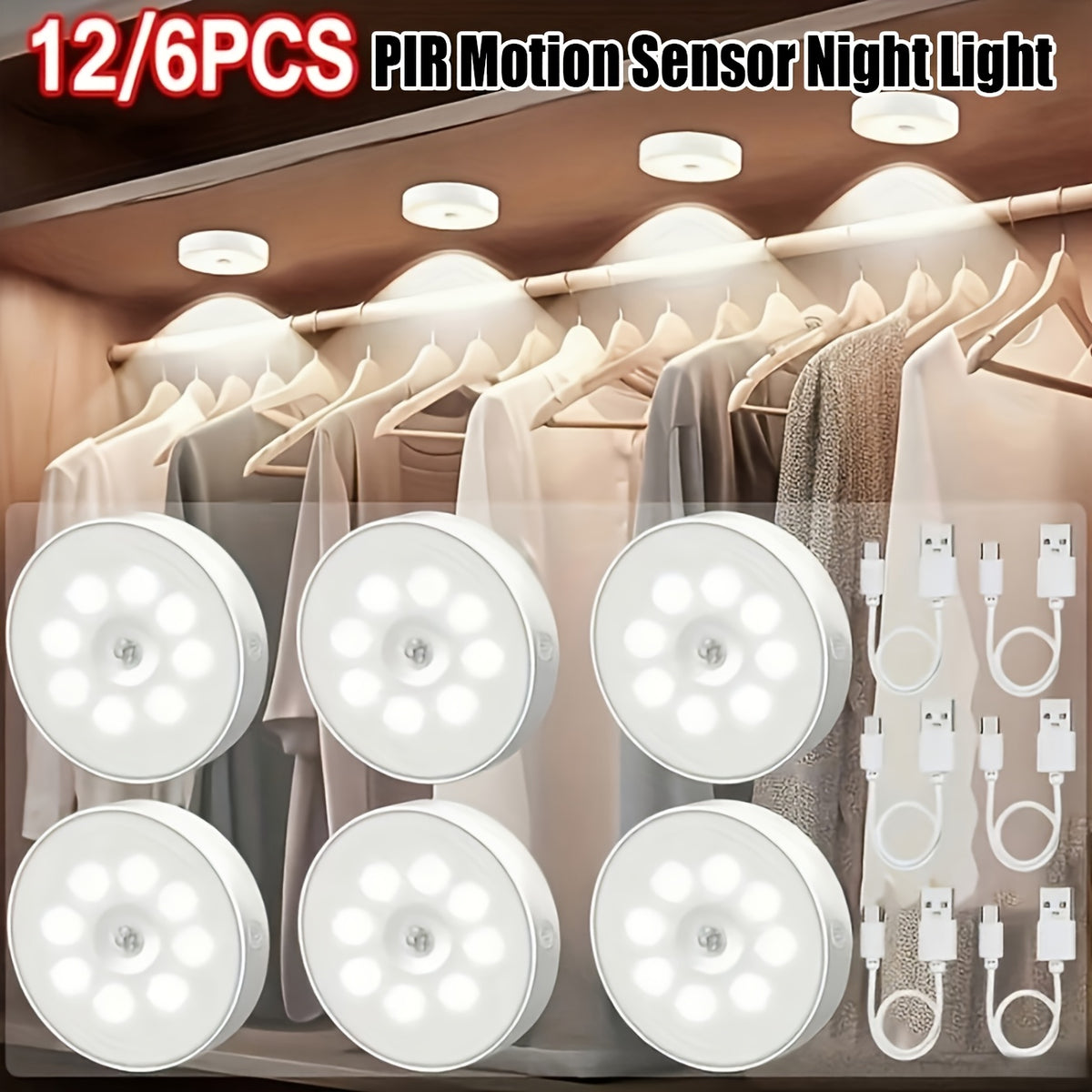 Dimmable Motion Sensor Night Lights, Six-Pack Bright White or Warm White LED Options with USB Rechargeable and Magnetic Mounting References for Indoor Spaces