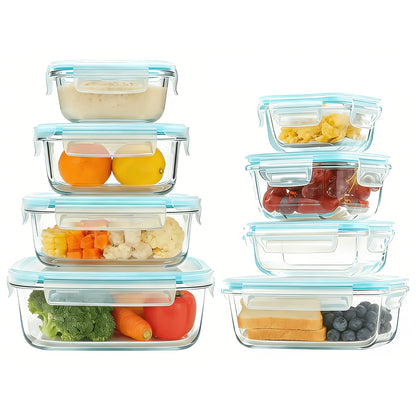Glass Food Storage Containers for Bento Lunch Portions and Everyday Meal Prep, Listed Eight-Piece Kitchen Organization Set in Pink, Gray, Blue or Green