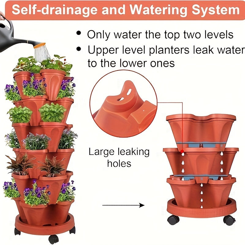 Vertical Garden Stackable Planter Set with Listed Six-Layer Petal Design, Wheels and Tools, Seven Color Options for Herbs, Flowers and Compatible Plants