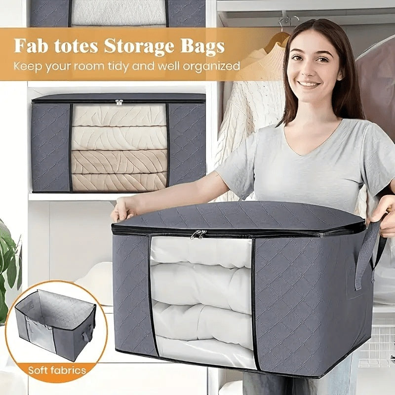 Foldable Bedding Storage Bags with Zipper Lids and Reinforced Handles, Grey Non-Woven Clothing Organizers in 2 or 4 Piece Packs for Seasonal Closet Storage