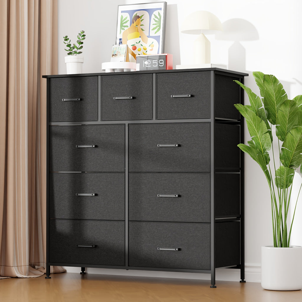 Fabric Drawer Dresser with 5, 8 or 9 Drawers, Steel Frame and Wooden Top for Bedroom, Closet and Entryway Storage in Black, Grey or Nature