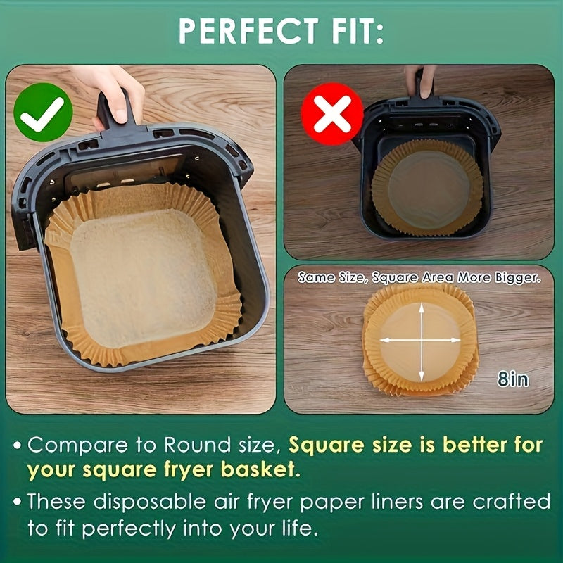 Disposable Air Fryer Paper Liners, 8-Inch Square Bleach-Free Nonstick Baking Liners in 125 or 250 Count Options for Compatible 5–8QT Baskets