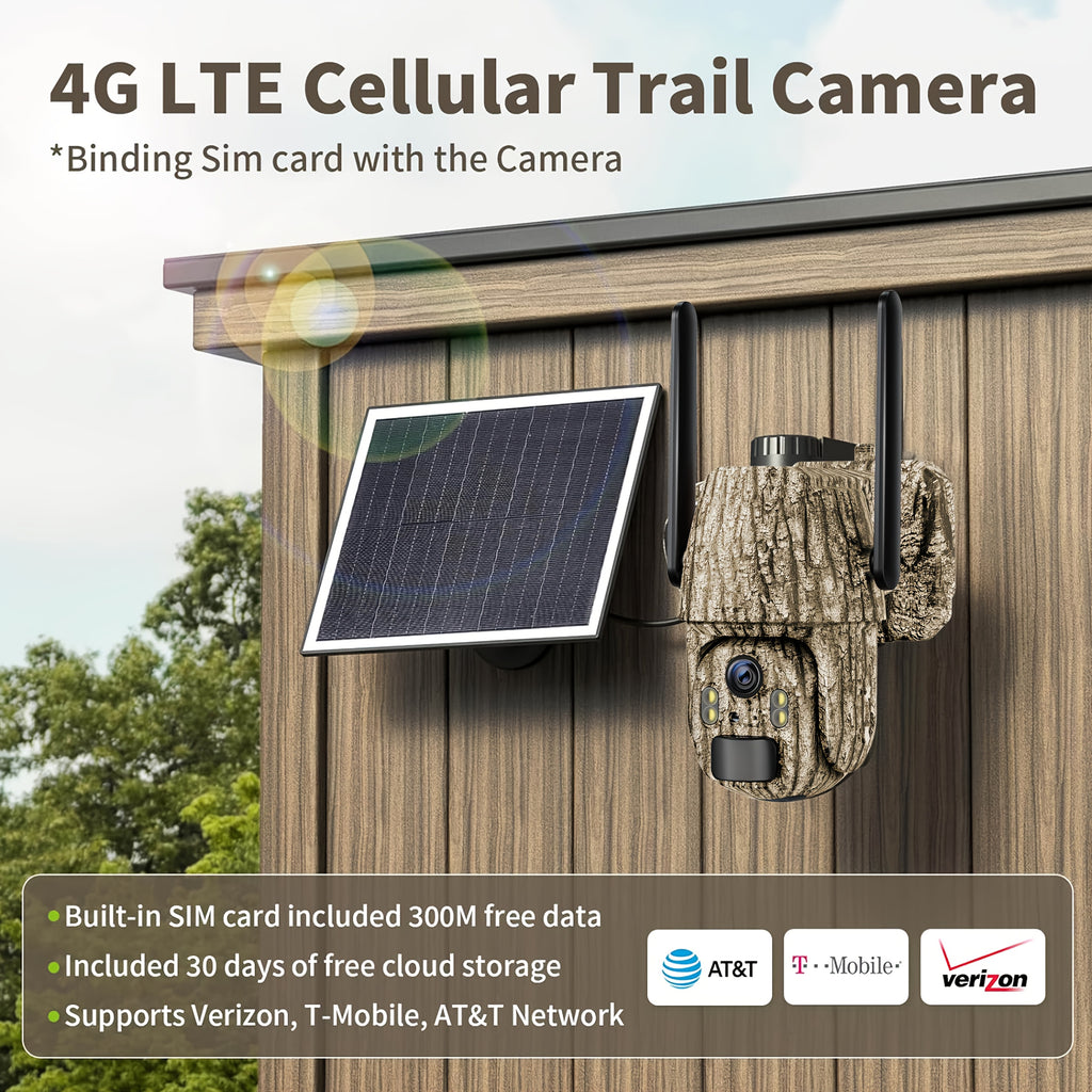 2K Cellular Trail Camera with Solar Panel and SIM Card, Listed 4G LTE Remote Pan Tilt, Spotlight Color Night Vision and Two-Way Audio in Camouflage One- or Two-Camera Packs