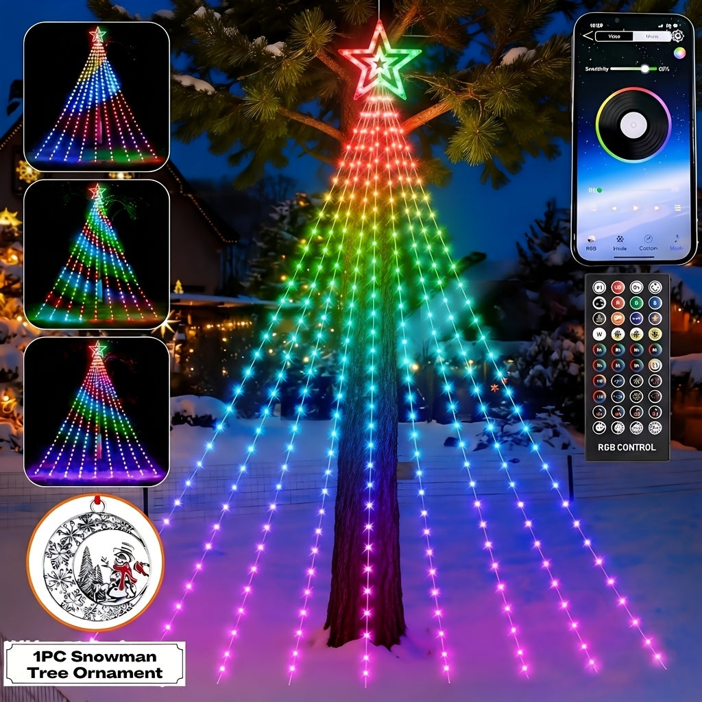 Waterfall Christmas Tree Lights with Star and Listed 350 LEDs, 11.8ft RGB Music-Sync Holiday Display with Remote, App Control, Timer and USB Power