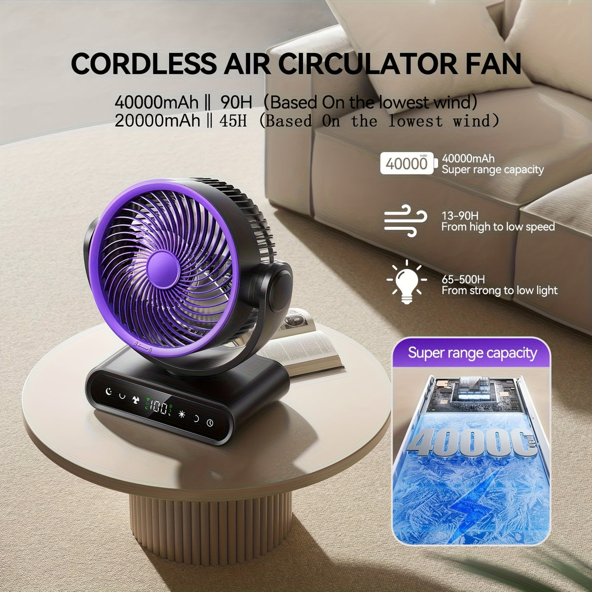 9-Inch Oscillating Camping Fan with Remote Control, 5 Speeds and 12 Warm LEDs, Listed 20000mAh or 40000mAh Options for Campsite Airflow and Home Use