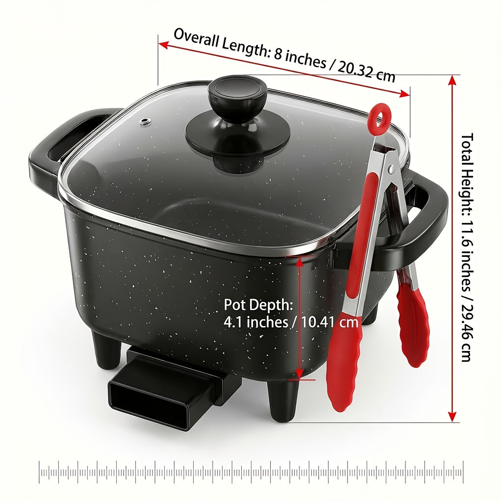 Square Mini Electric Cooking Pot with Listed 8-Inch Size, Nonstick Speckled Coating and Glass Lid, Regular, Upgraded Utensil Bundle and Red Enamel Model Labels