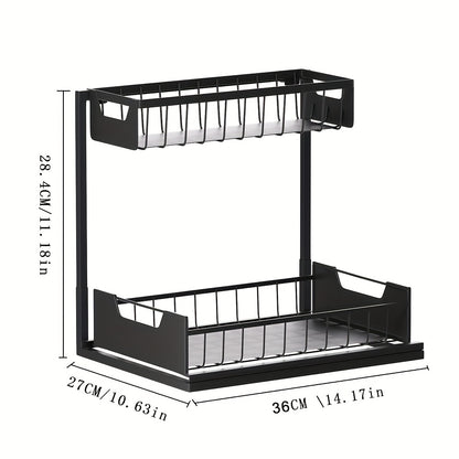 Two-Tier Sliding Under Sink Organizer for Kitchen and Bathroom Cabinets, Metal Pull-Out Storage Rack in Black, White or Gray with Single and Two-Pack Options