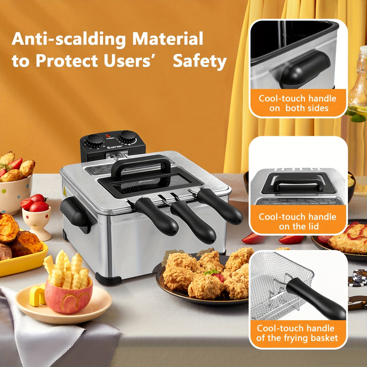 Viewing Window Electric Deep Fryer with Three Baskets, Listed 5.3QT Oil Capacity and 1700W Heating, Adjustable Temperature and Timer for Home Fried Food Preparation