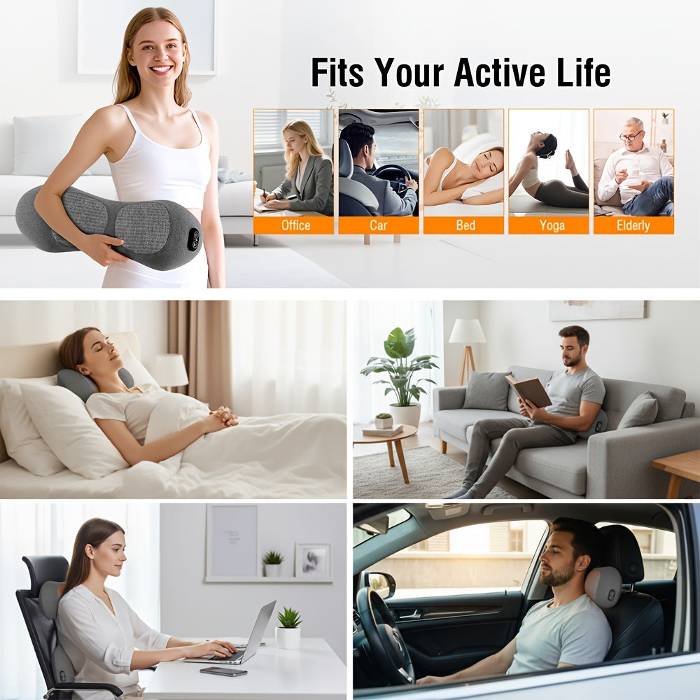 Lower Back Massager with Heat and Vibration, USB-Powered 3-in-1 Lumbar Support Pillow with Listed Traction Function and 2m Cable for Home Relaxation