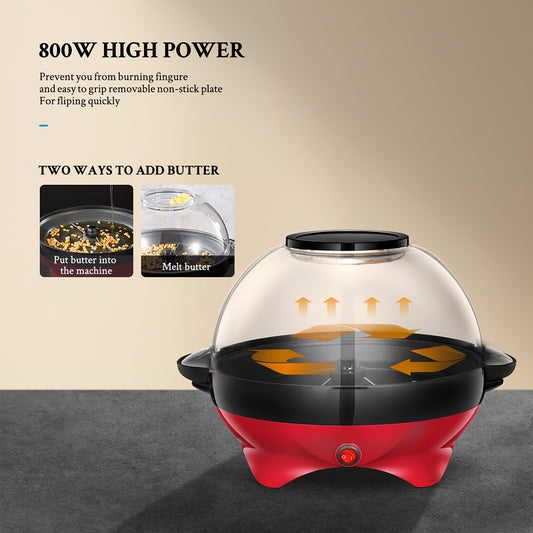 Electric Stirring Popcorn Maker with Listed 800W Power and 6-Quart Capacity, Removable Nonstick Plate and Serving Bowl Lid in Red or Black for Home Movie Nights
