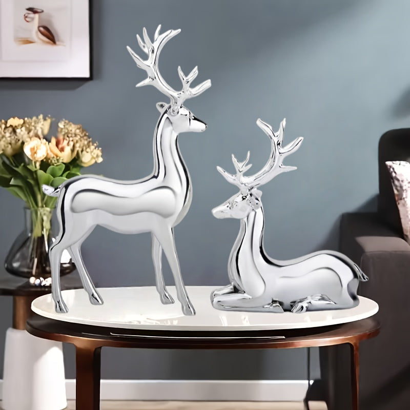 Reindeer Figurines in Champagne Golden or Silvery, Listed Two-Piece Decorative Set for Christmas Home Displays, Living Room Accents and Desk Styling