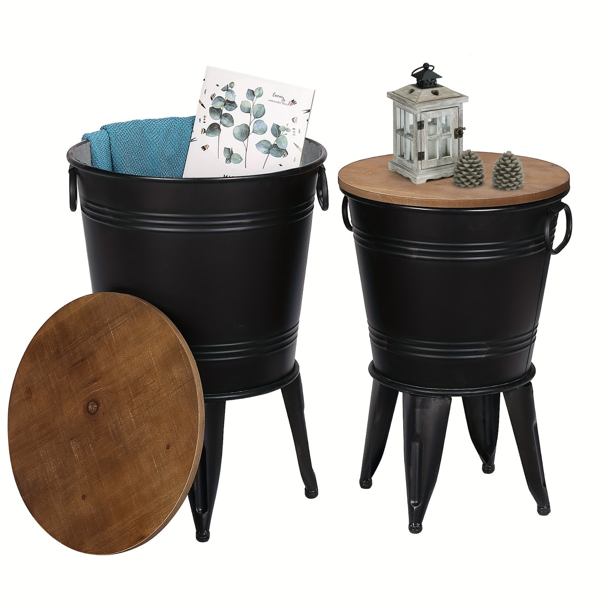 Farmhouse End Tables Set of Two with Metal Nesting Design and Round Wood Lids, Galvanized or Distressed White Accent Furniture for Rustic Living Room Styling