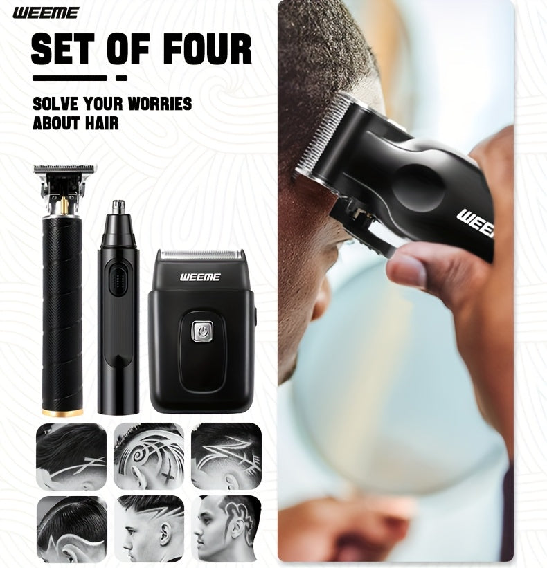 Four-Piece Men's Grooming Set in Black with Hair Clipper, Nose Trimmer, Electric Shaver and T9 Detailer, Listed USB Rechargeable Design and Eight Guide Combs