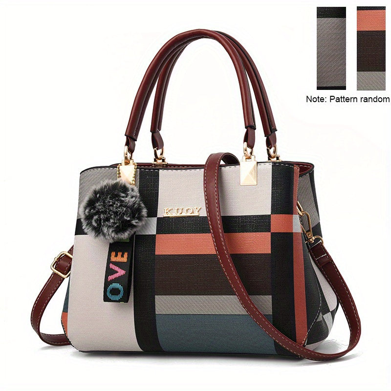 Plaid Colorblock Satchel Purse with Plush Ball Pendant, Burgundy or Black Handbag with Tote and Crossbody Styling References for Everyday Outfits and Casual Occasion Accessories