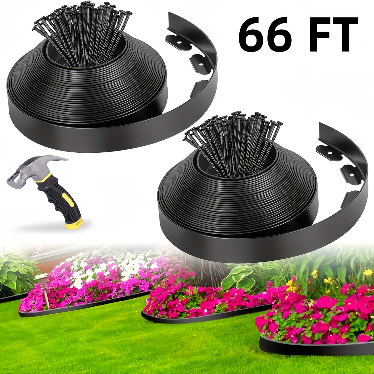 No-Dig Landscape Edging Kit, Flexible HDPE Garden Border with Anchoring Spikes for Flower Beds, Lawn and Pathways, Black or Green with Optional Hammer