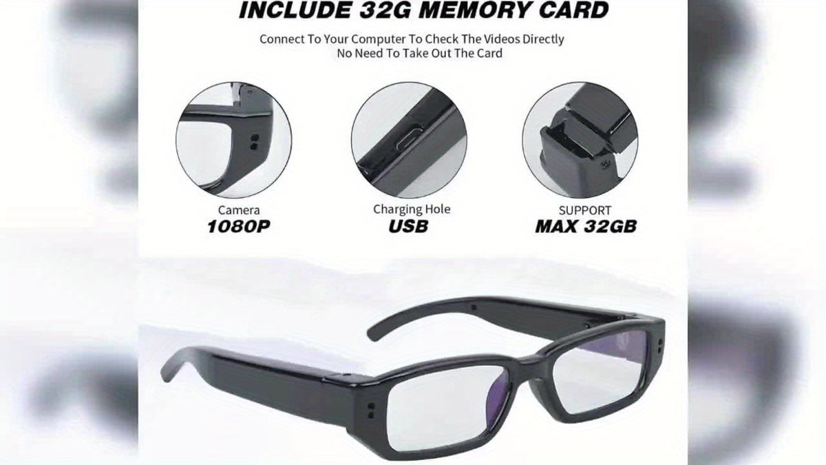 Video Camera Glasses with Listed 1080P Recording, TF Card Slot and USB Connection, 13B Model Options with a Separate 32G TF-Labeled Package