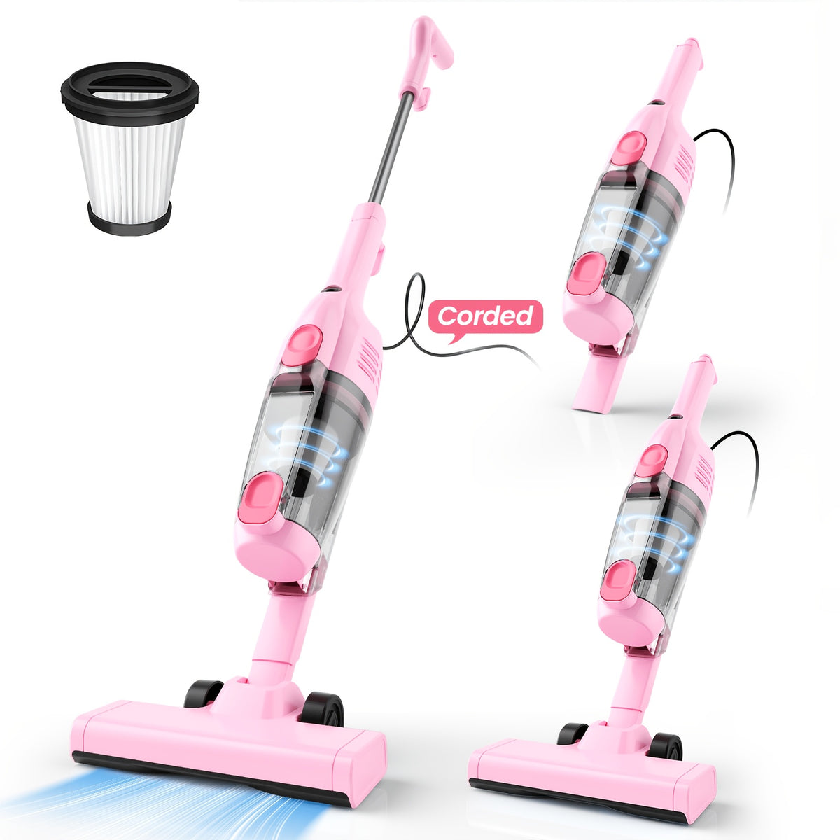 600W Bagless Stick Vacuum INSE with Listed 20kPa Suction and 18-Foot Cord, Handheld Cleaning Format in Seven Colors for Compatible Floors and Pet Hair Cleanup