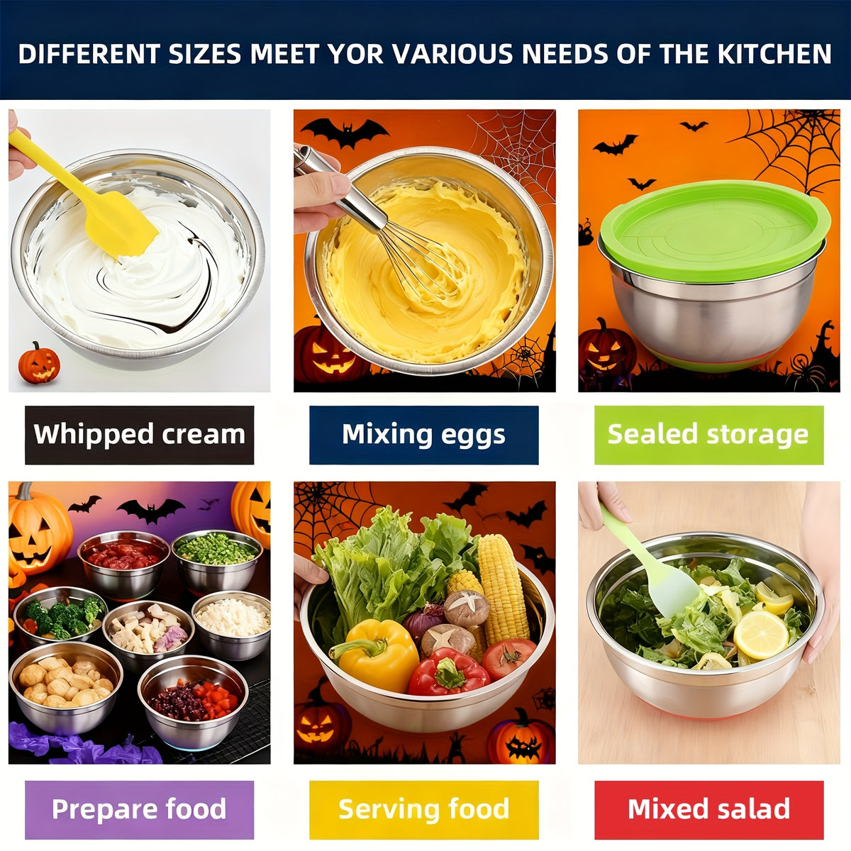 Silicone-Base Nesting Mixing Bowls with Listed Stainless Steel Construction and Lids, Multicolored or Black-8pcs Options for Baking, Food Prep and Serving