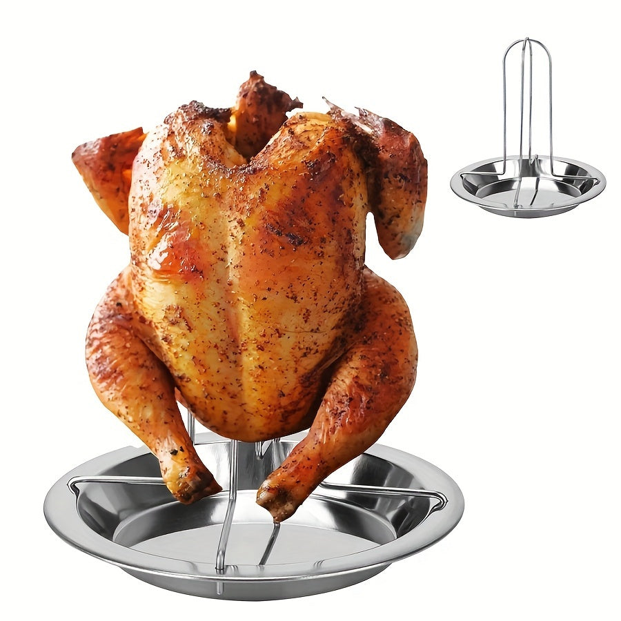 Chicken Roasting Rack with Drip Tray and Foldable Stainless Steel Design, Single Vertical Stand for Compatible Oven, Barbecue and Smoker Cooking