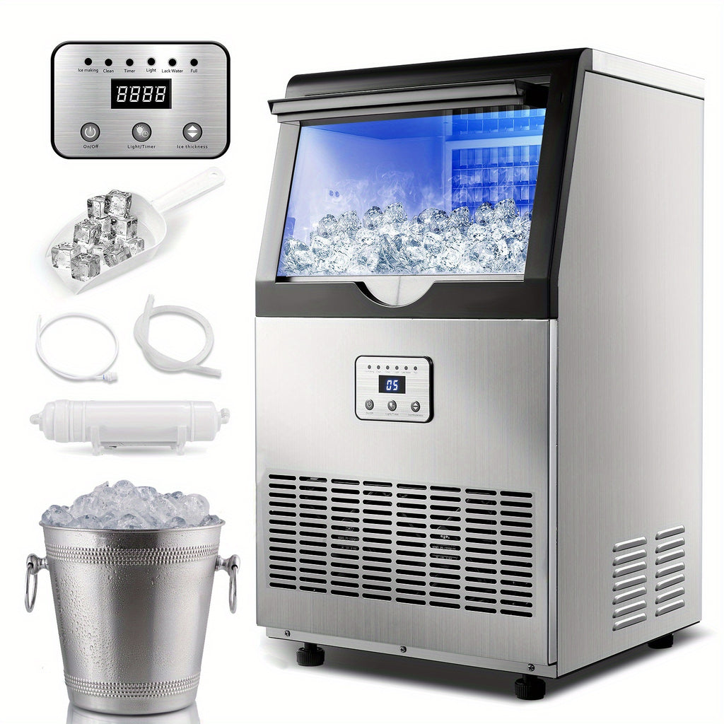 Commercial Ice Maker with Listed 100lb Daily Production and 13lb Storage Bin, Silver Freestanding or Under-Counter Ice Machine with Filter and Scoop