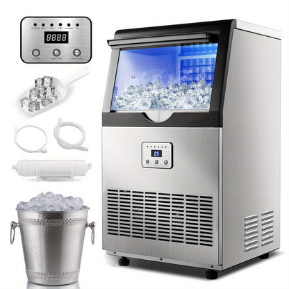 Commercial Ice Maker with 13lb Storage Bin, Listed 100lb Daily Production, Silver Freestanding or Under-Counter Machine with Water Filter, Scoop and Hose