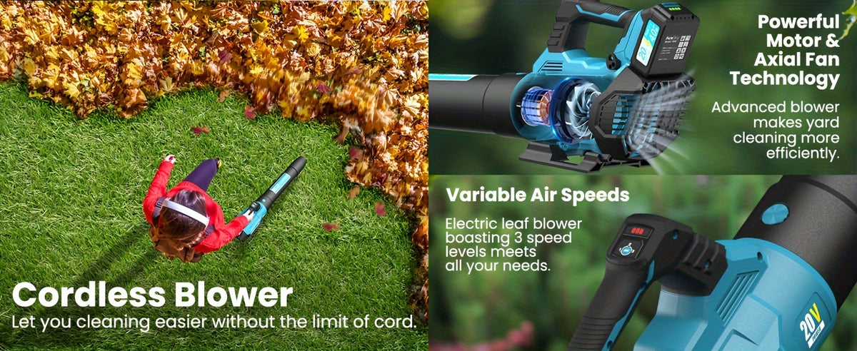 Three-Speed Cordless Leaf Blower with Extension Nozzle and Shoulder Strap References, Blue, Green, Yellow or 420CFM One-Battery Labels for Outdoor Yard Cleanup