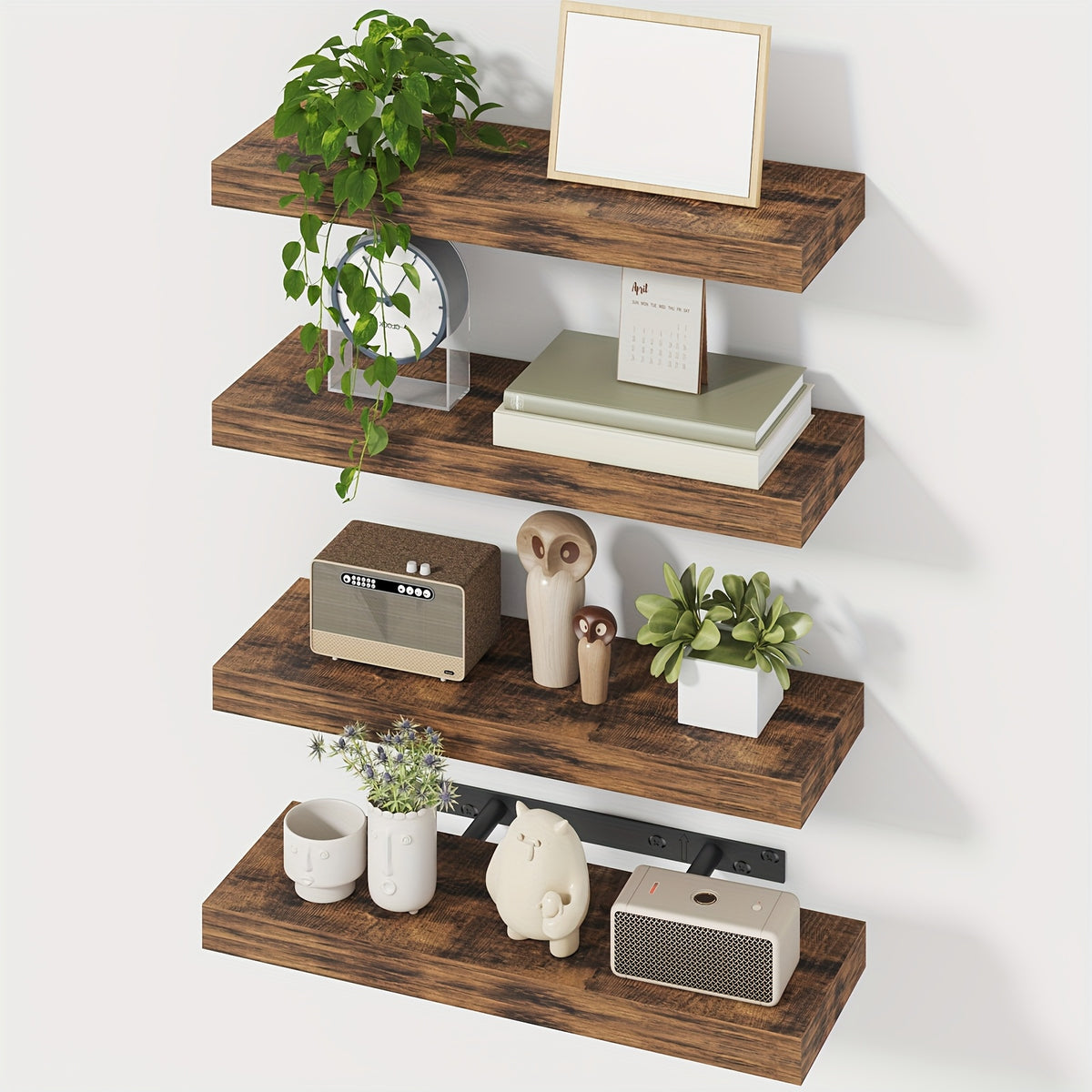 Rustic Wood Floating Shelves by TOMNK with Listed 15.8-Inch Size, Four or Eight-Piece Wall Shelf Sets for Bedroom, Living Room and Kitchen Storage Displays
