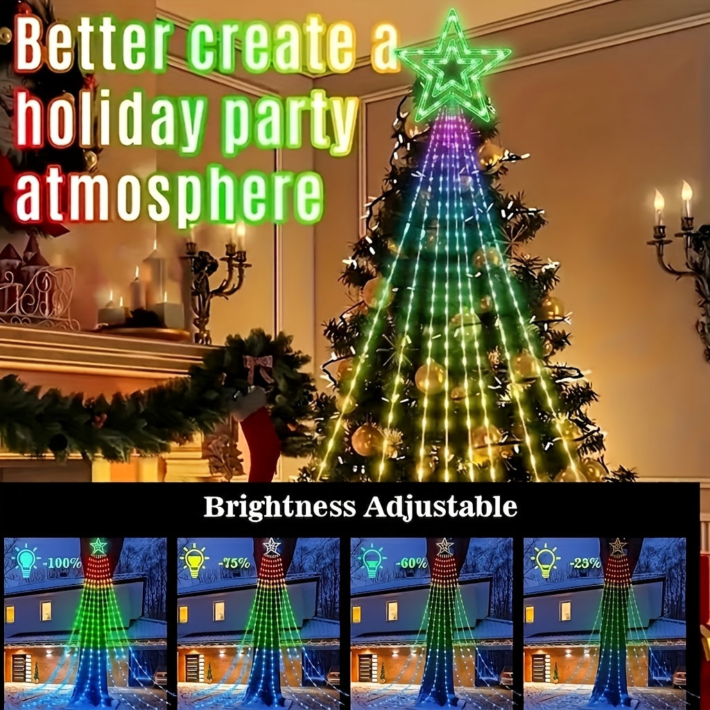 Waterfall Christmas Tree Lights with Star and Listed 350 LEDs, 11.8ft RGB Music-Sync Holiday Display with Remote, App Control, Timer and USB Power
