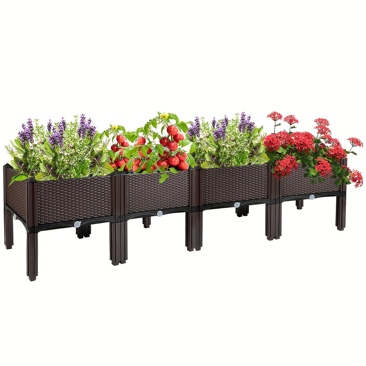 Linkable Elevated Planter Boxes with Legs, Black Woven-Style Plastic Garden Containers with Drainage Holes for Flowers, Herbs and Vegetables, 1, 2 or 4 Pieces