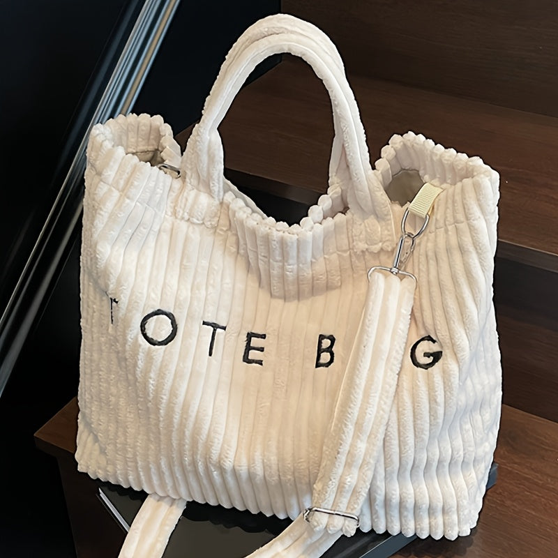 Large Capacity Corduroy Tote Bag for Women with Adjustable Shoulder Strap, Letter Pattern and Contrast Design for Work and Casual Crossbody Wear