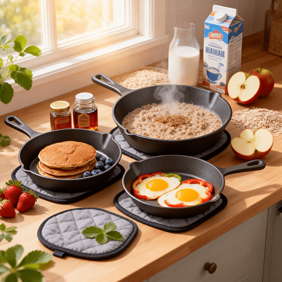 Cast Iron Skillet Set, 3-Piece Pre-Seasoned Round Pans with Handles for Stovetop Meals, Steak and Omelette Cooking, Camping and Compatible Grill Use