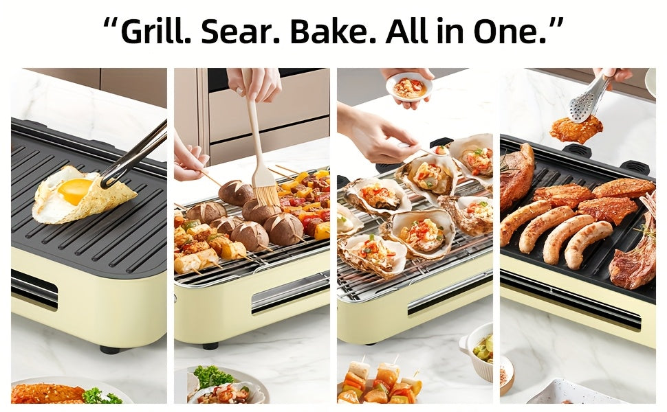 Electric Barbecue Grill for Kitchen Cooking, 1500W with Adjustable Temperature, Detachable Nonstick Frying Pan and Grill Components, Black or White Options