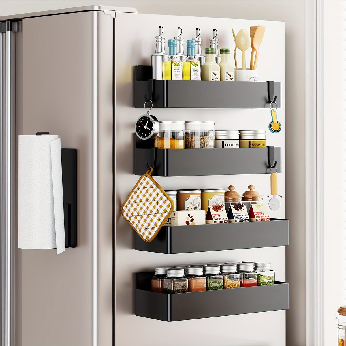 Magnetic Refrigerator Spice Organizer Set with Five- or Six-Piece Options, Small Square Box or Tissue Holder Configurations and Listed Four Hooks for Kitchen Storage