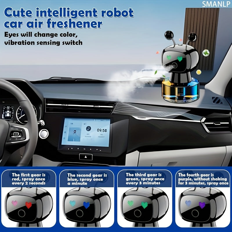 Robot Car Air Freshener with Dynamic Expressions, Automatic Start Stop Spray and Four Adjustable Fragrance Levels, Five Color and Scent Options