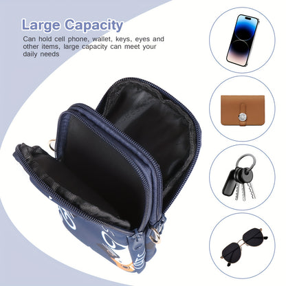 Adjustable Strap Crossbody Bag with Zipper Pockets, Blue Cat, Dark Blue, Pink or Blue Options for Everyday Essentials, Casual Errands and Travel Organization