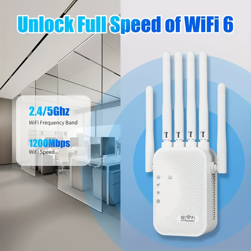 Six-Antenna WiFi Range Extender with Ethernet Port, White Wireless Signal Repeater for Home and Office Network Coverage and Everyday Internet Use