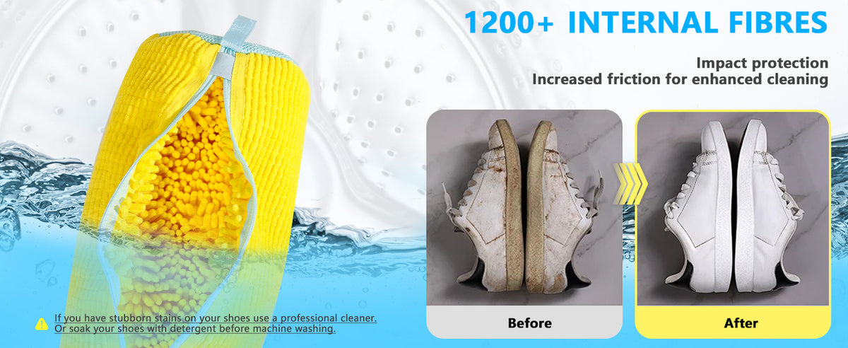 Chenille Shoe Washing Bag in Yellow with Soft Interior, Nylon Zipper and Elastic End Cover for Machine-Washable Sneakers and Household Footwear Laundry