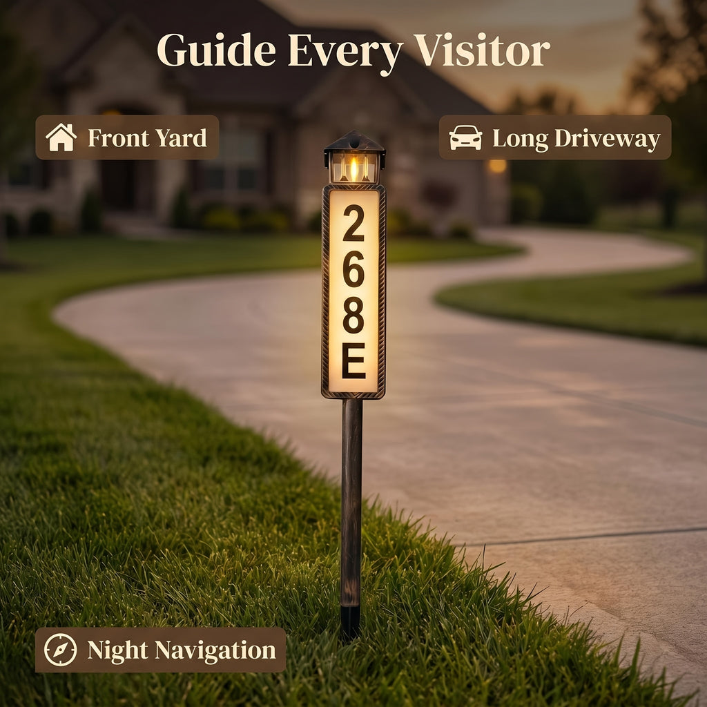 Solar LED Address Sign, House Number Display Board with Three Adjustable Color Mode Label, Black or Retro Design Options for Entryways and Courtyards